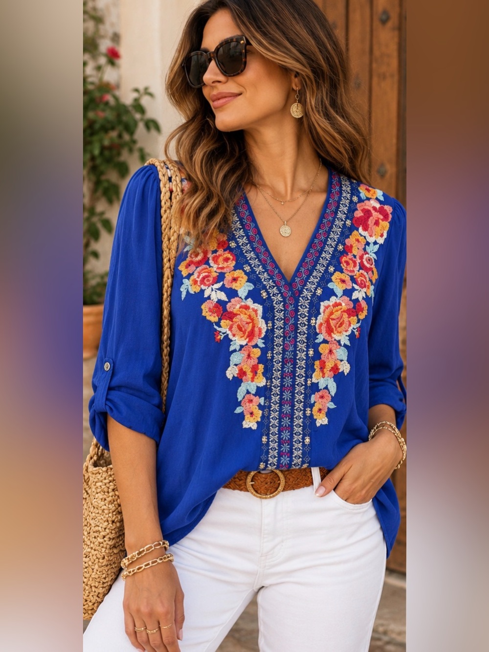 Andrée by Unit L Cobalt Blue Floral Embroidered Boho Tunic Blouse Rayon